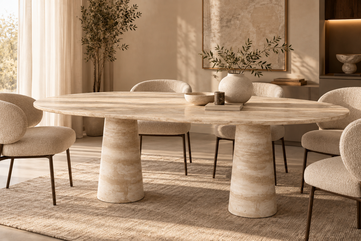 Elara – Ovale Travertine Eettafel